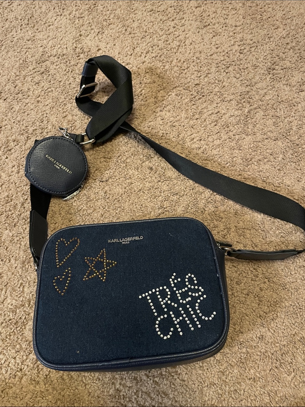Karl Lagerfeld Navy Crossbody Bag with Studded 'Très Chic' Design and Coin Pouch